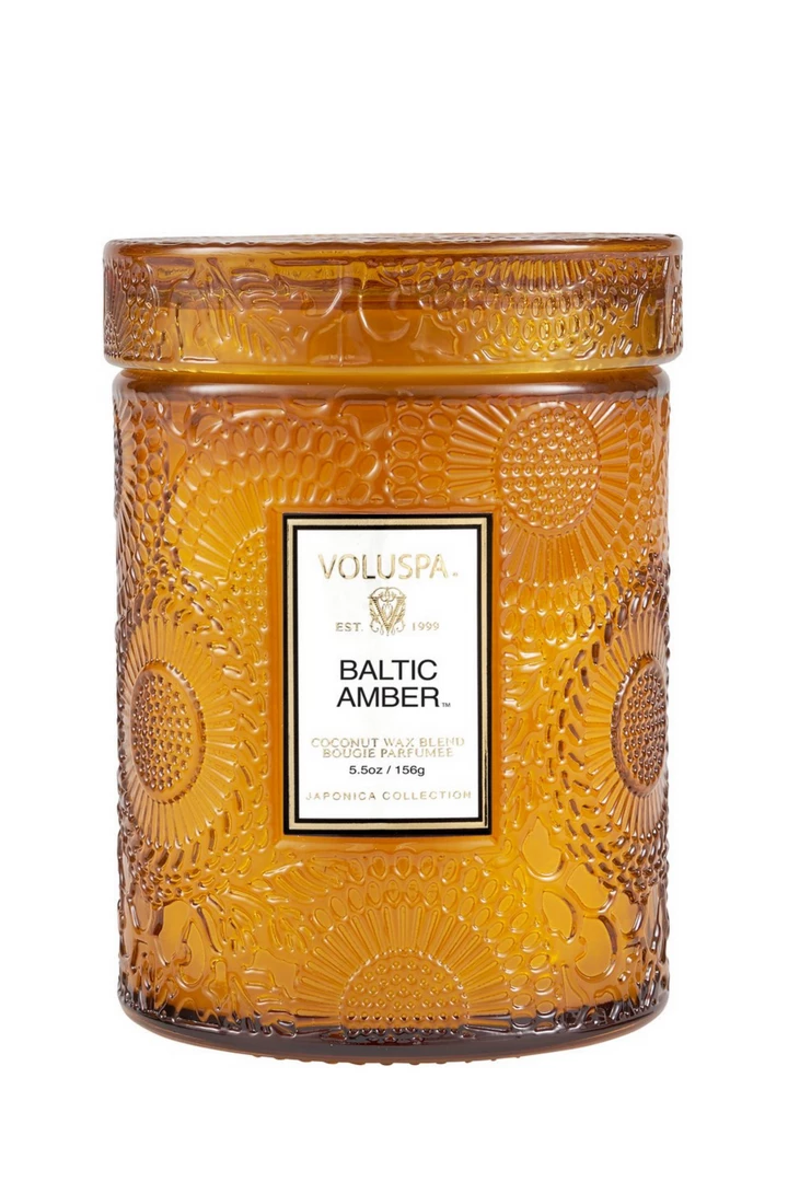 Voluspa Small Embossed Glass Jar - Baltic Amber RESTOCKED 2 Voluspa Small Embossed Glass Jar - Baltic Amber RESTOCKED