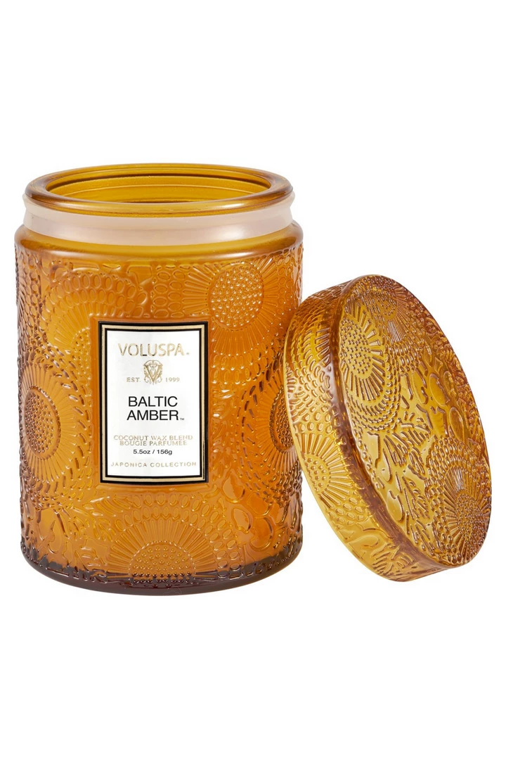 Voluspa Small Embossed Glass Jar - Baltic Amber RESTOCKED 3 Voluspa Small Embossed Glass Jar - Baltic Amber RESTOCKED