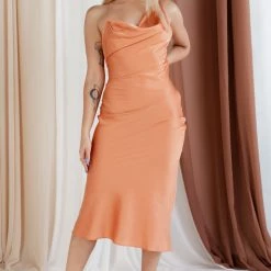 Beige Botany CLOTHING Sweet Melody Satin Midi Dress