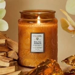 RESTOCKED Voluspa Large Embossed Glass Jar - Baltic Amber