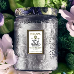 RESTOCKED Voluspa Large Embossed Glass Jar - Apple Blue Clover